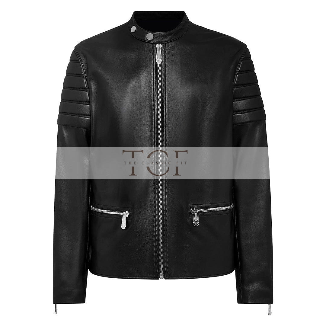 Men's Motorcycle Style Leather Jacket Quilted Sleeves Full Zip Front Multiple Pockets | Black