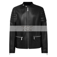 Men's Motorcycle Style Leather Jacket Quilted Sleeves Full Zip Front Multiple Pockets | Black