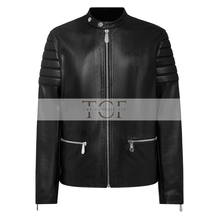 Men's Motorcycle Style Leather Jacket Quilted Sleeves Full Zip Front Multiple Pockets | Black