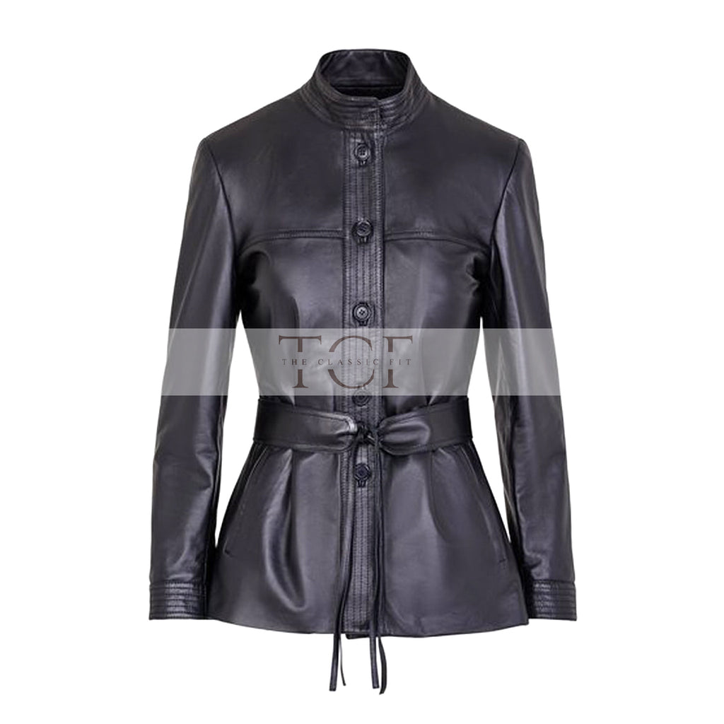 Women's Button Front Leather Jacket with Belt Stand Collar | Black