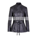Women's Button Front Leather Jacket with Belt Stand Collar | Black