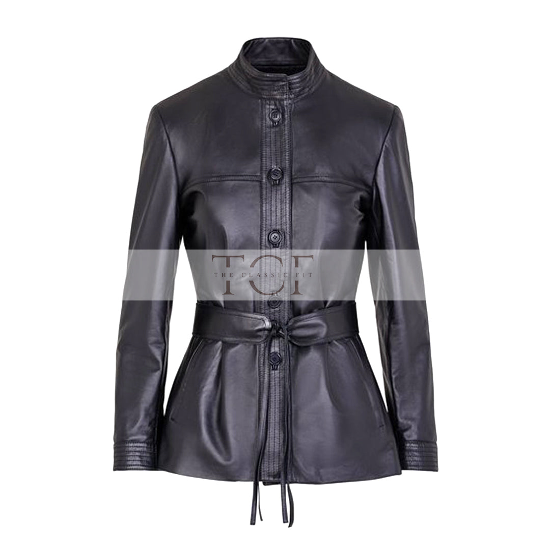 Women's Button Front Leather Jacket with Belt Stand Collar | Black