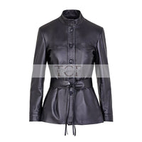 Women's Button Front Leather Jacket with Belt Stand Collar | Black
