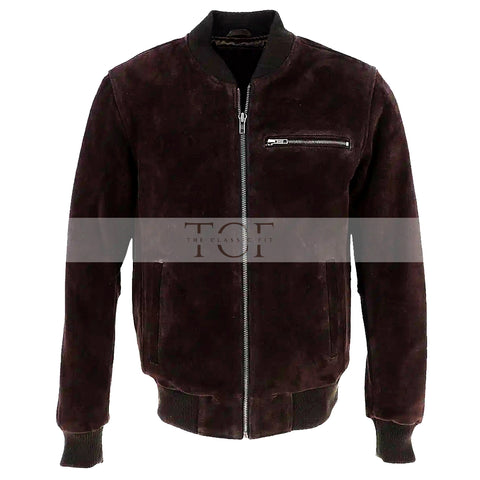 Men's Suede Bomber Jacket  Leather, Full Zip Front with Chest Pocket | Brown