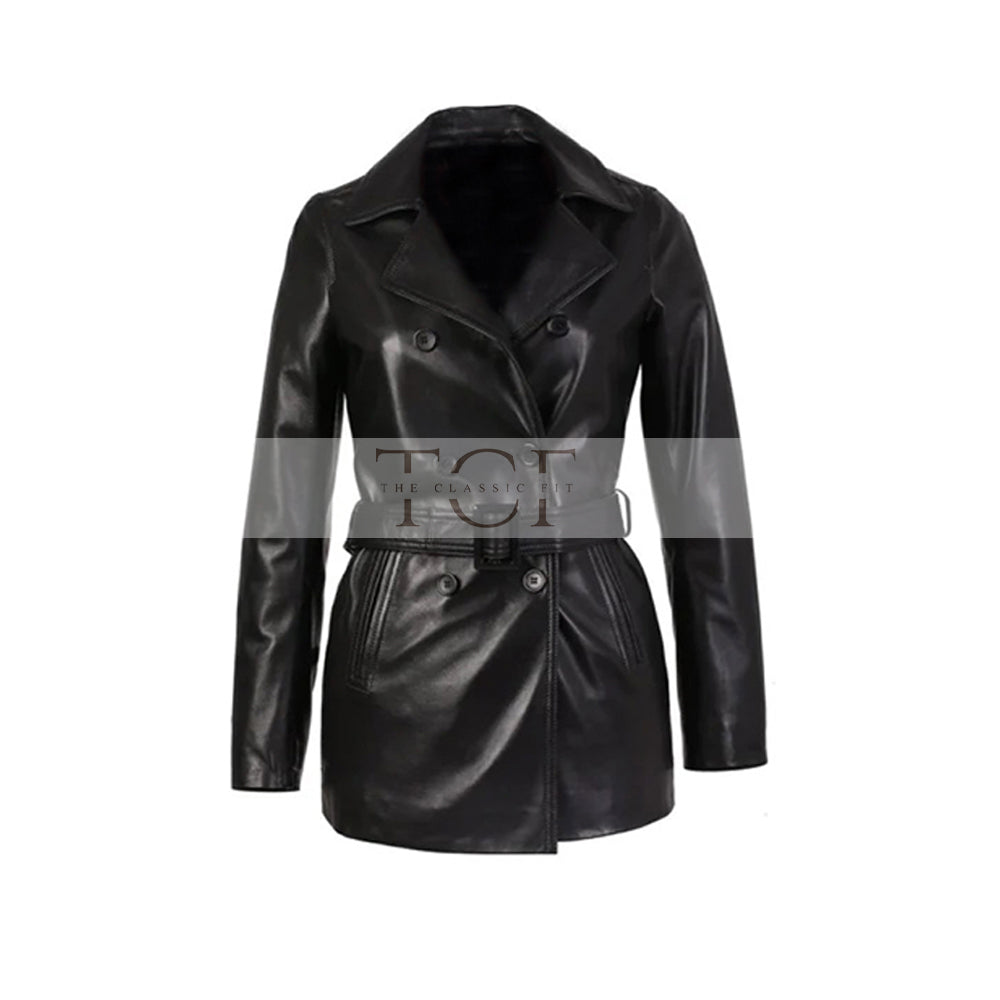 Women's Double-Breasted Leather Trench Coat, Belted Waist | Black