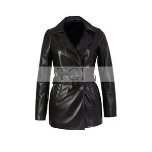 Women's Double-Breasted Leather Trench Coat, Belted Waist | Black