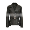 Women's Café Racer Leather Jacket, Belted Waist, Black, Asymmetrical Zip | Black