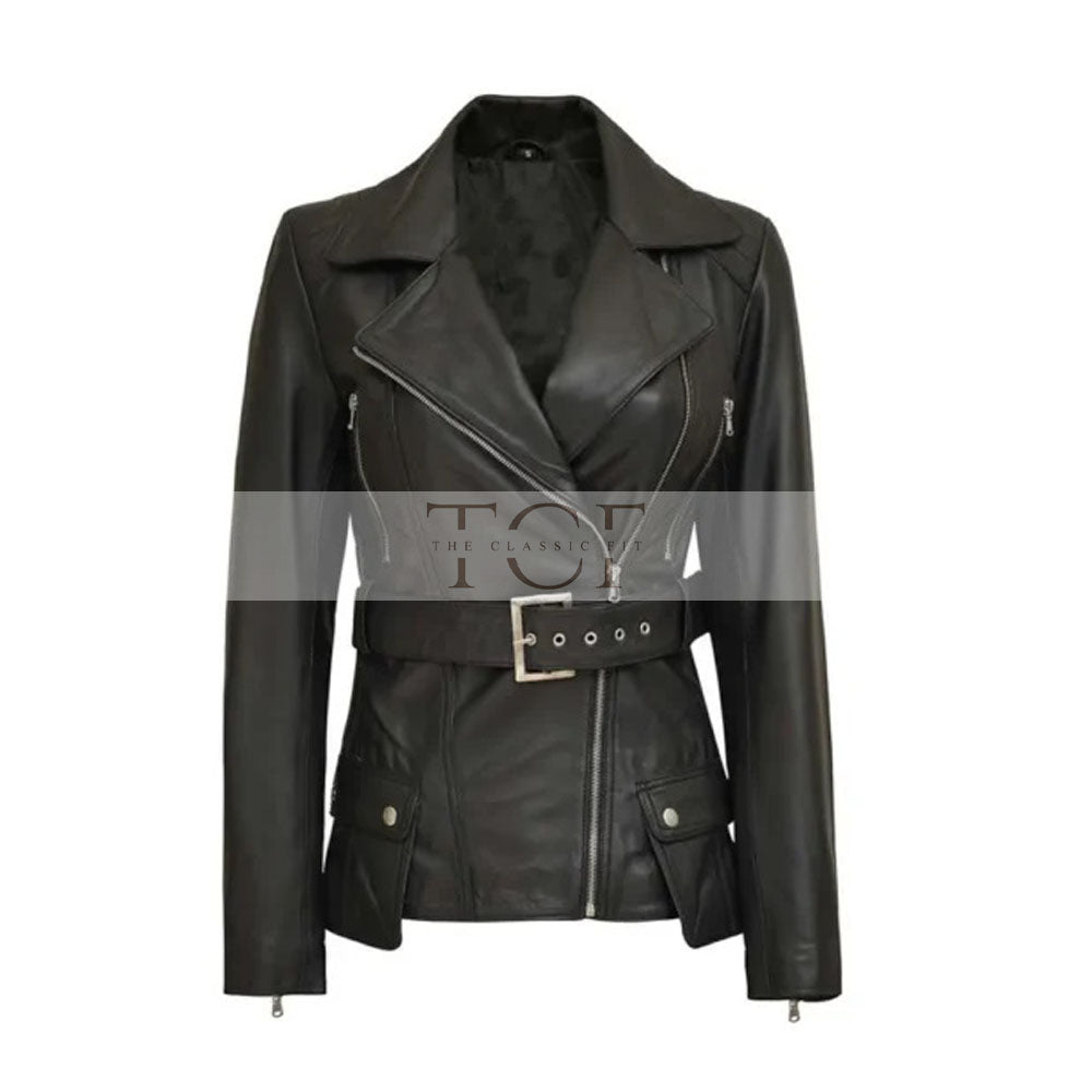 Women's Café Racer Leather Jacket, Belted Waist, Black, Asymmetrical Zip | Black