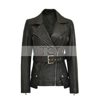 Women's Café Racer Leather Jacket, Belted Waist, Black, Asymmetrical Zip | Black