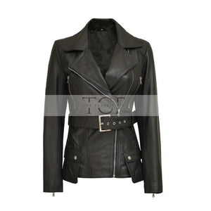Women's Café Racer Leather Jacket, Belted Waist, Black, Asymmetrical Zip | Black