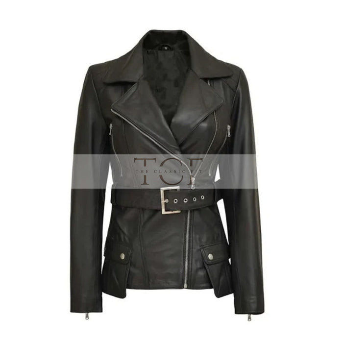 Women's Café Racer Leather Jacket, Belted Waist, Black, Asymmetrical Zip | Black