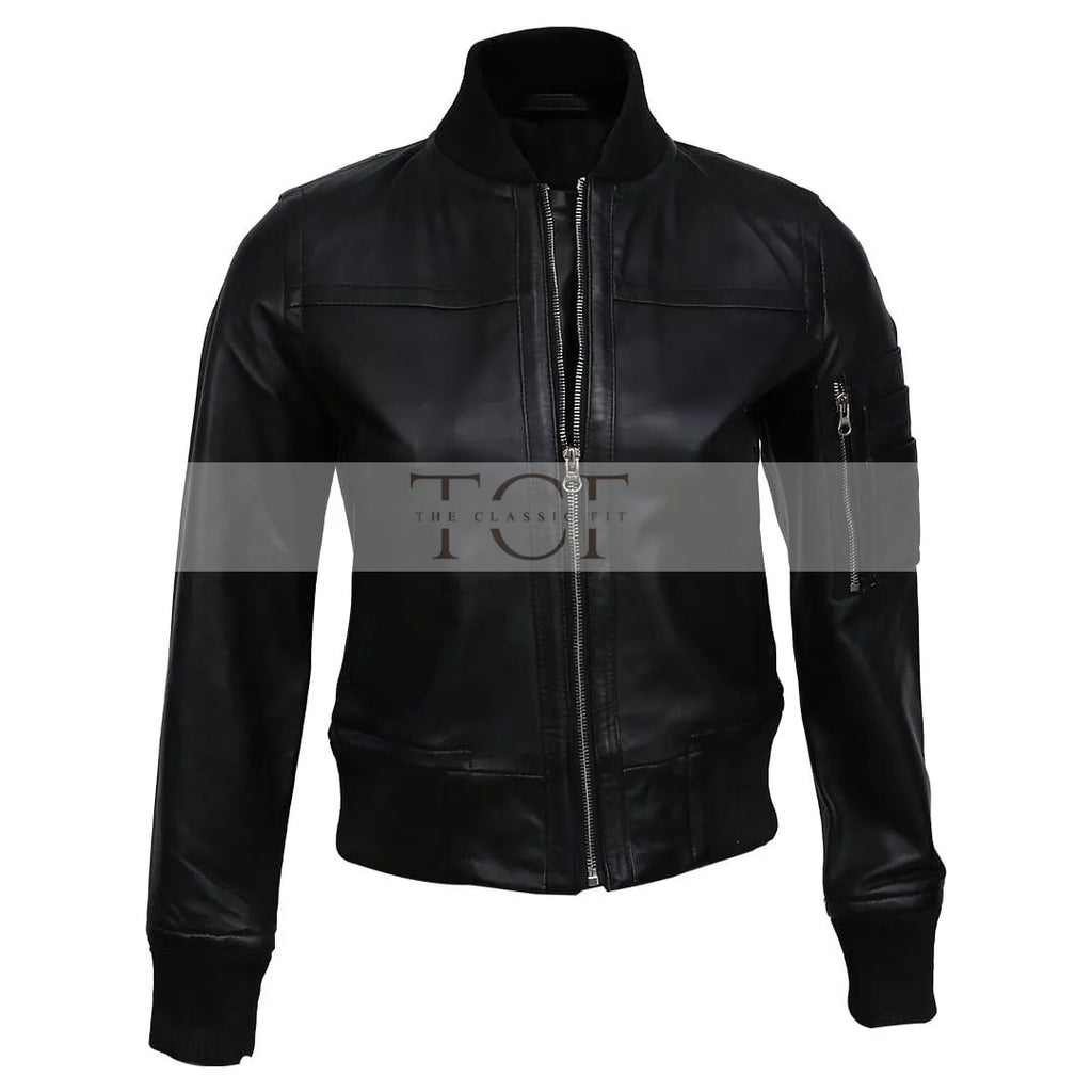 Women's Real Sheep Leather Motorcycle Bomber Jacket | Black