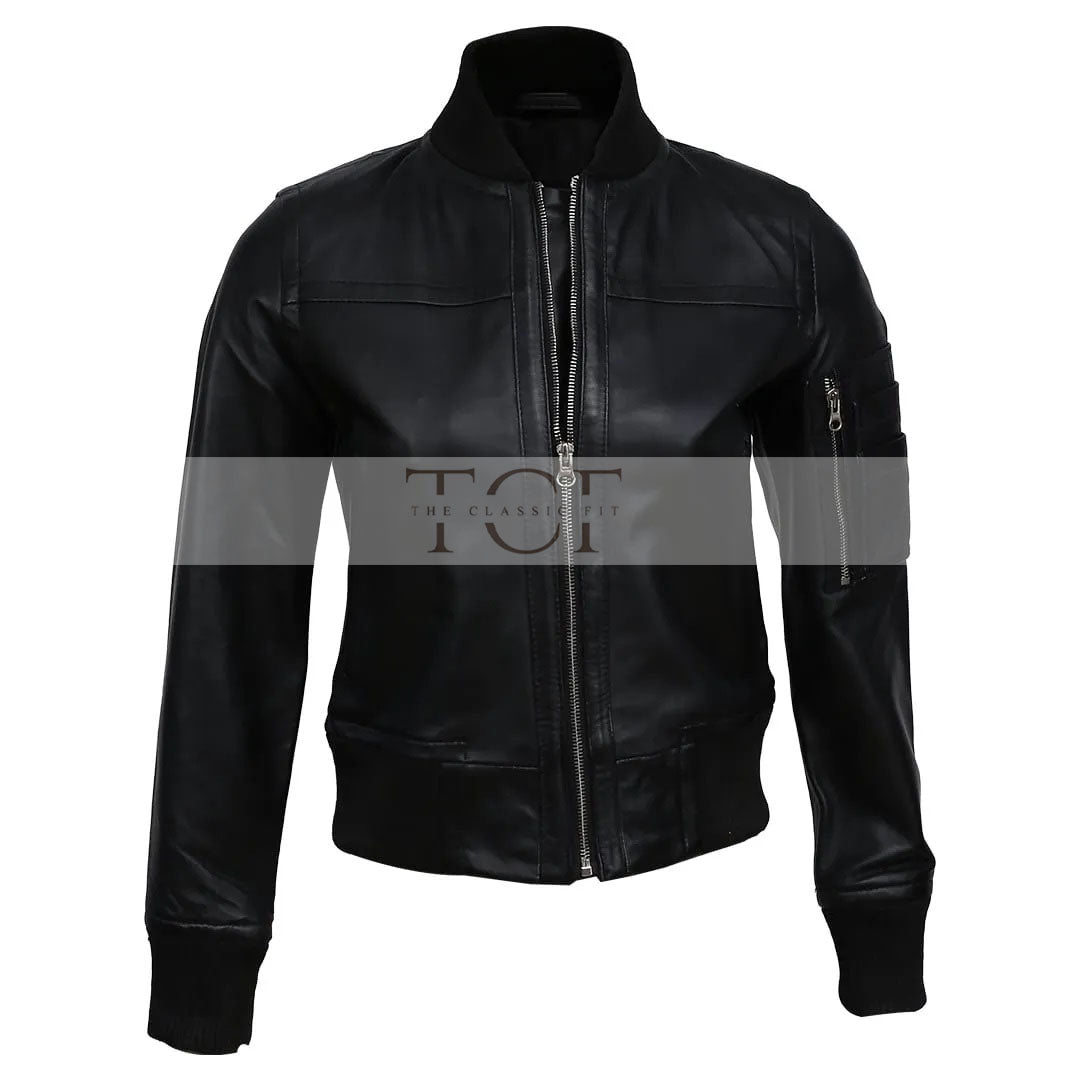 Women's Real Sheep Leather Motorcycle Bomber Jacket | Black