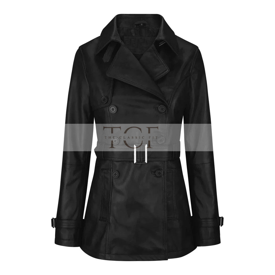 Women's Leather Belted Trench Car Coat | Black