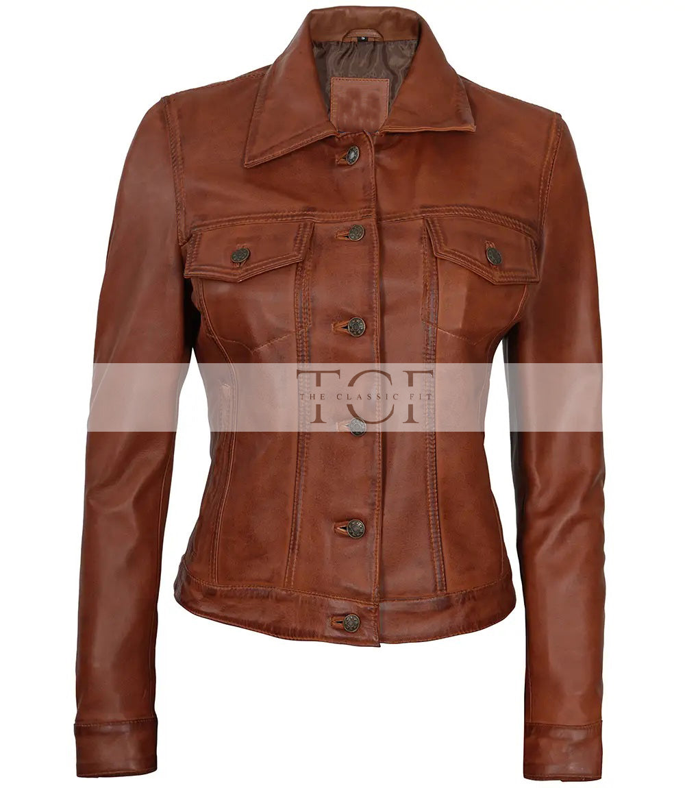 Women's Leather Harrington Moto Trucker Jacket | Brown