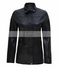 Women's 3/4 Length Button + Zipper Closure Leather Coat | Black