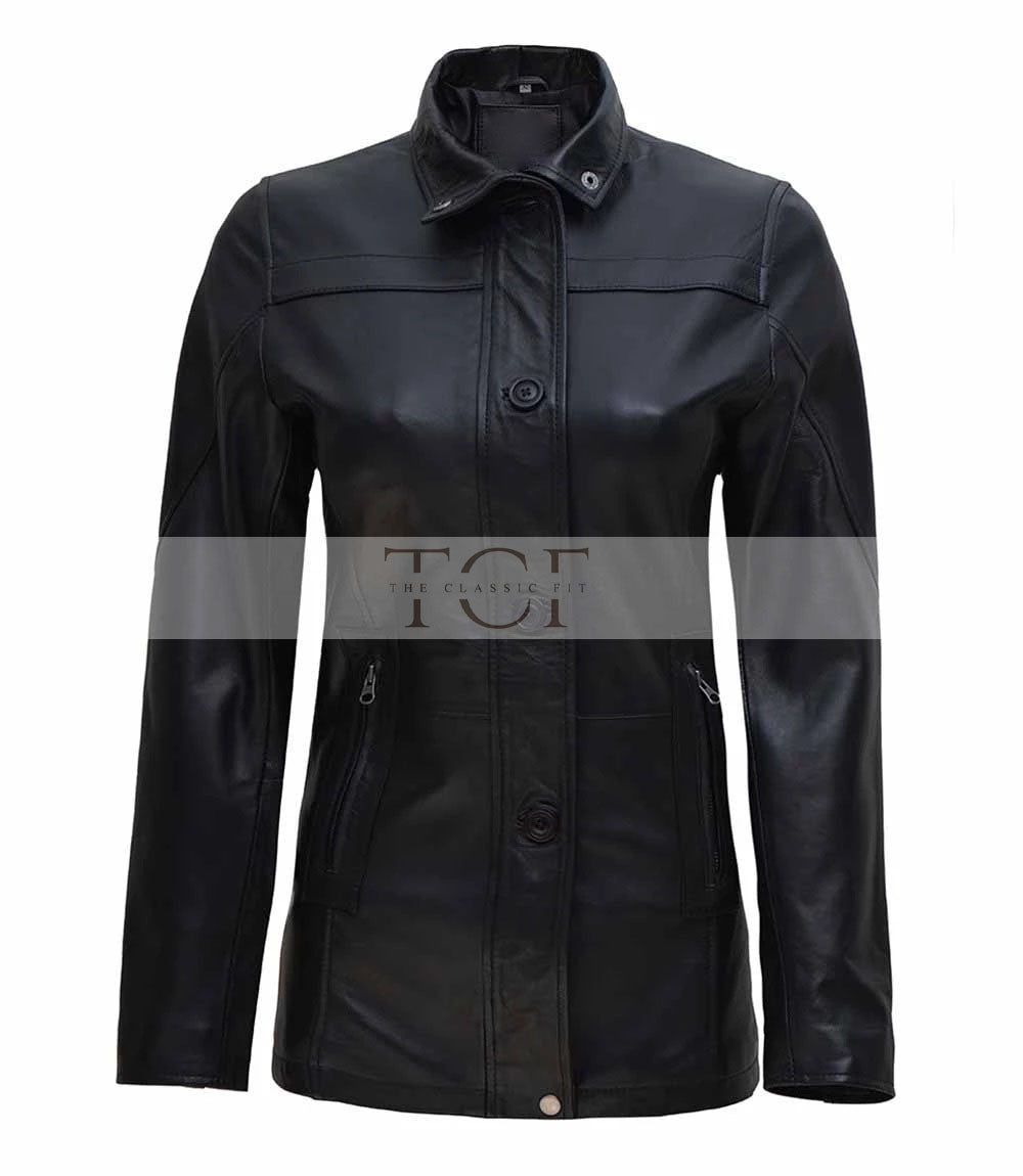 Women's 3/4 Length Button + Zipper Closure Leather Coat | Black