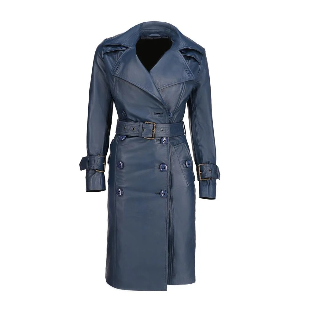 Womens Double Breasted Leather Trench Coat | Blue