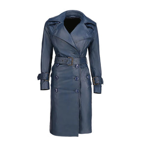 Womens Double Breasted Leather Trench Coat | Blue