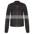 Women's Suede Bomber Leather Jacket, Zip Front, Ribbed Cuffs and Hem | Black