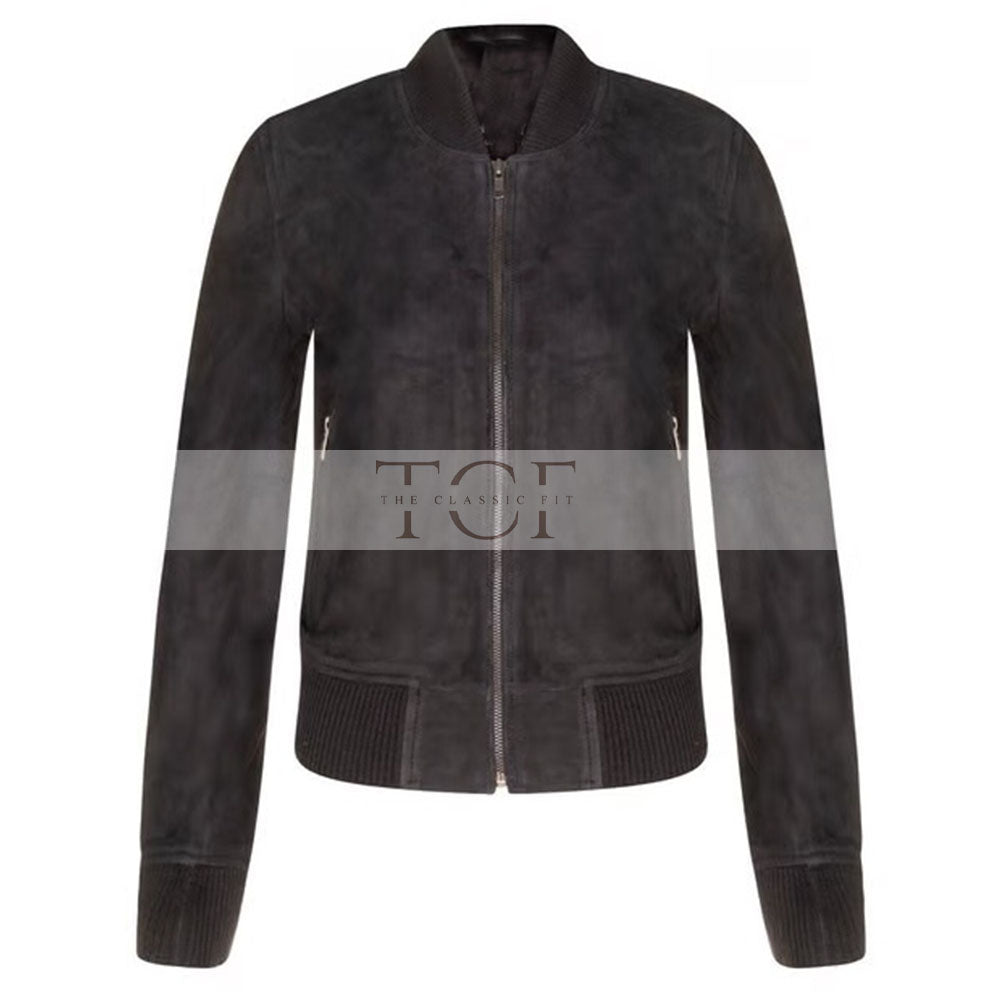 Women's Suede Bomber Leather Jacket, Zip Front, Ribbed Cuffs and Hem | Black