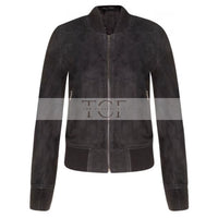 Women's Suede Bomber Leather Jacket, Zip Front, Ribbed Cuffs and Hem | Black