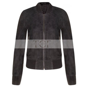 Women's Suede Bomber Leather Jacket, Zip Front, Ribbed Cuffs and Hem | Black
