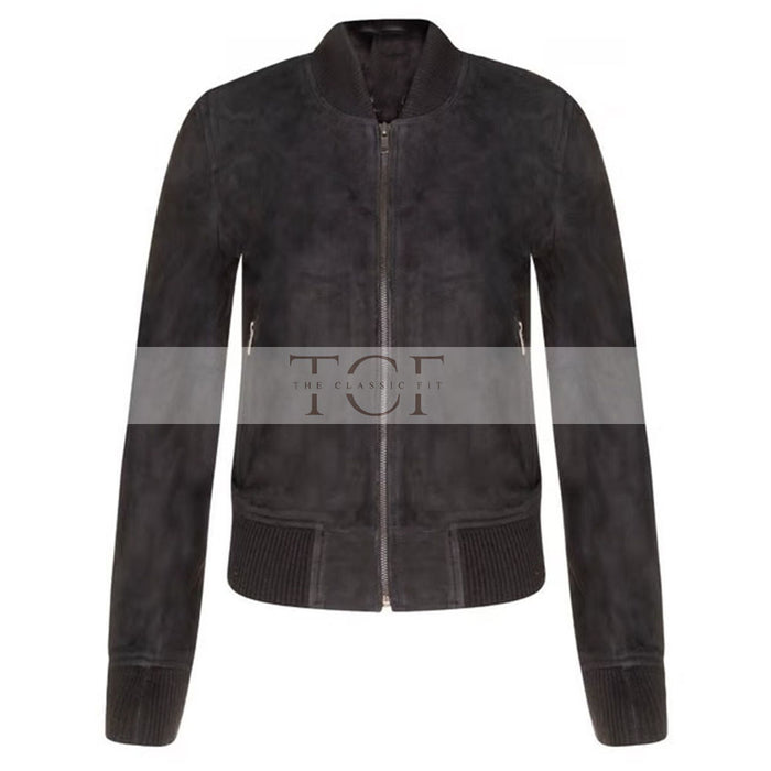 Women's Suede Bomber Leather Jacket, Zip Front, Ribbed Cuffs and Hem | Black