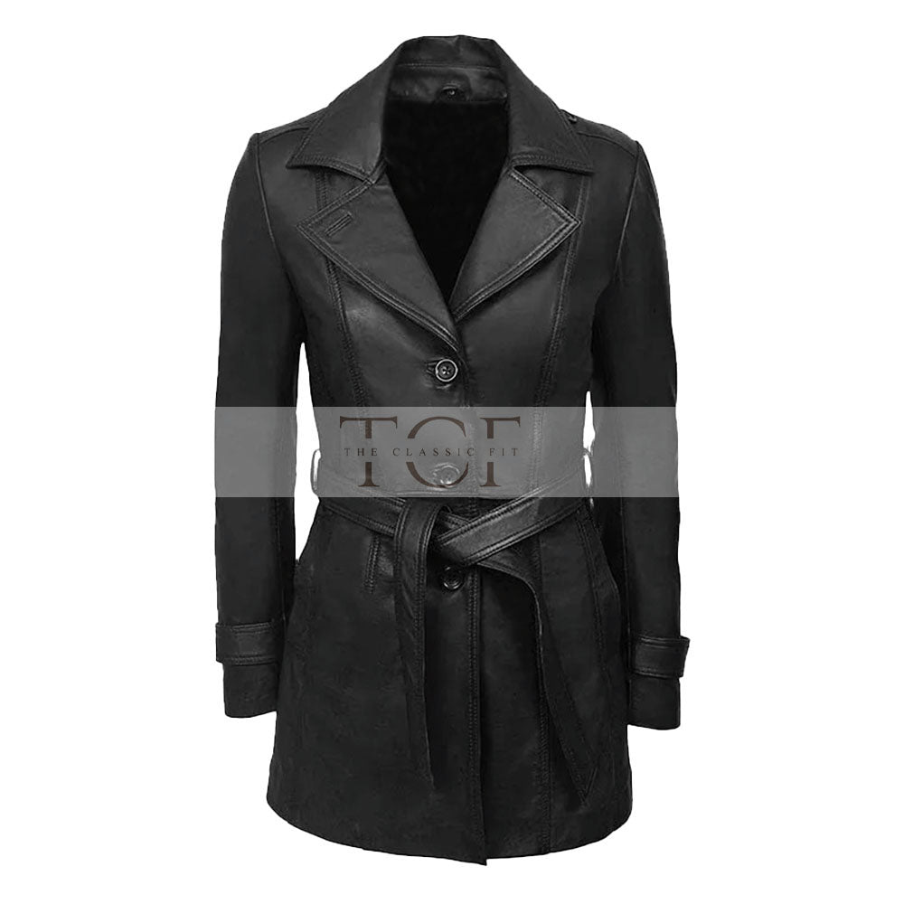 Women's 3/4 Length Leather Coat | Black