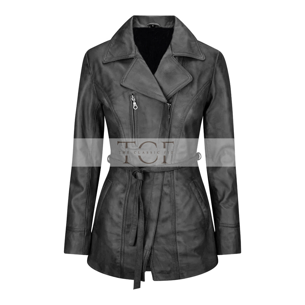 Women's Belted Leather Jacket, Long Sleeve, Zip Front | Black