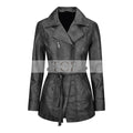 Women's Belted Leather Jacket, Long Sleeve, Zip Front | Black