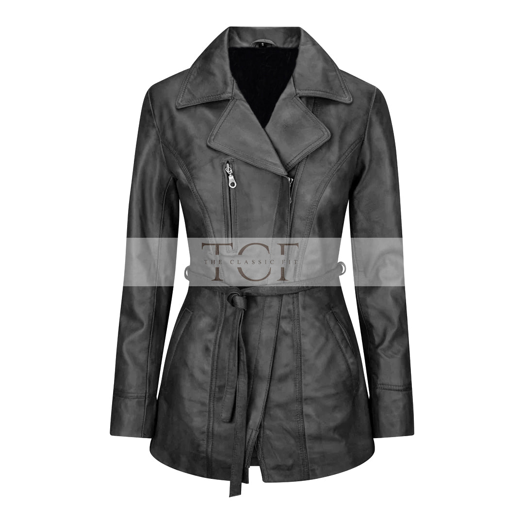 Women's Belted Leather Jacket, Long Sleeve, Zip Front | Black