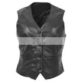 Women's Sheepskin Leather V Neck Vest, 4-Button Closure, Back Adjuster Strap | Black