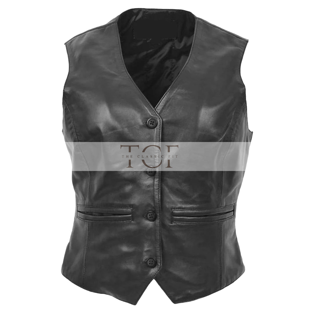 Women's Sheepskin Leather V Neck Vest, 4-Button Closure, Back Adjuster Strap | Black