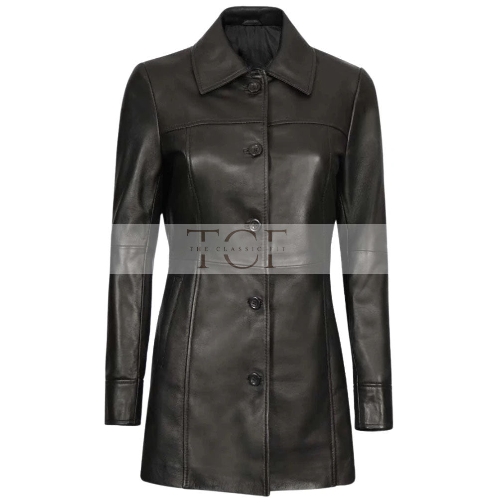 Women's Genuine Lambskin Leather Coat, 3/4 Length | Black