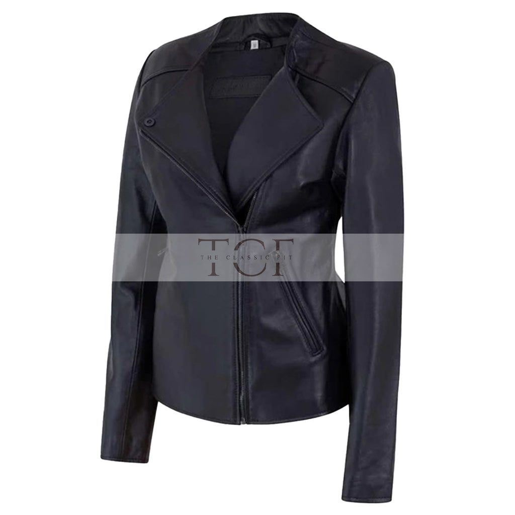 Women's Motorcycle Jacket Zip Front with Lapel Collar | Black