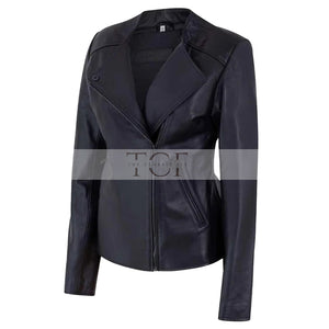Women's Motorcycle Jacket Zip Front with Lapel Collar | Black