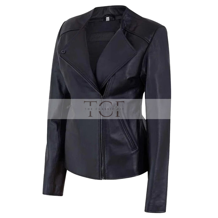 Women's Motorcycle Jacket Zip Front with Lapel Collar | Black