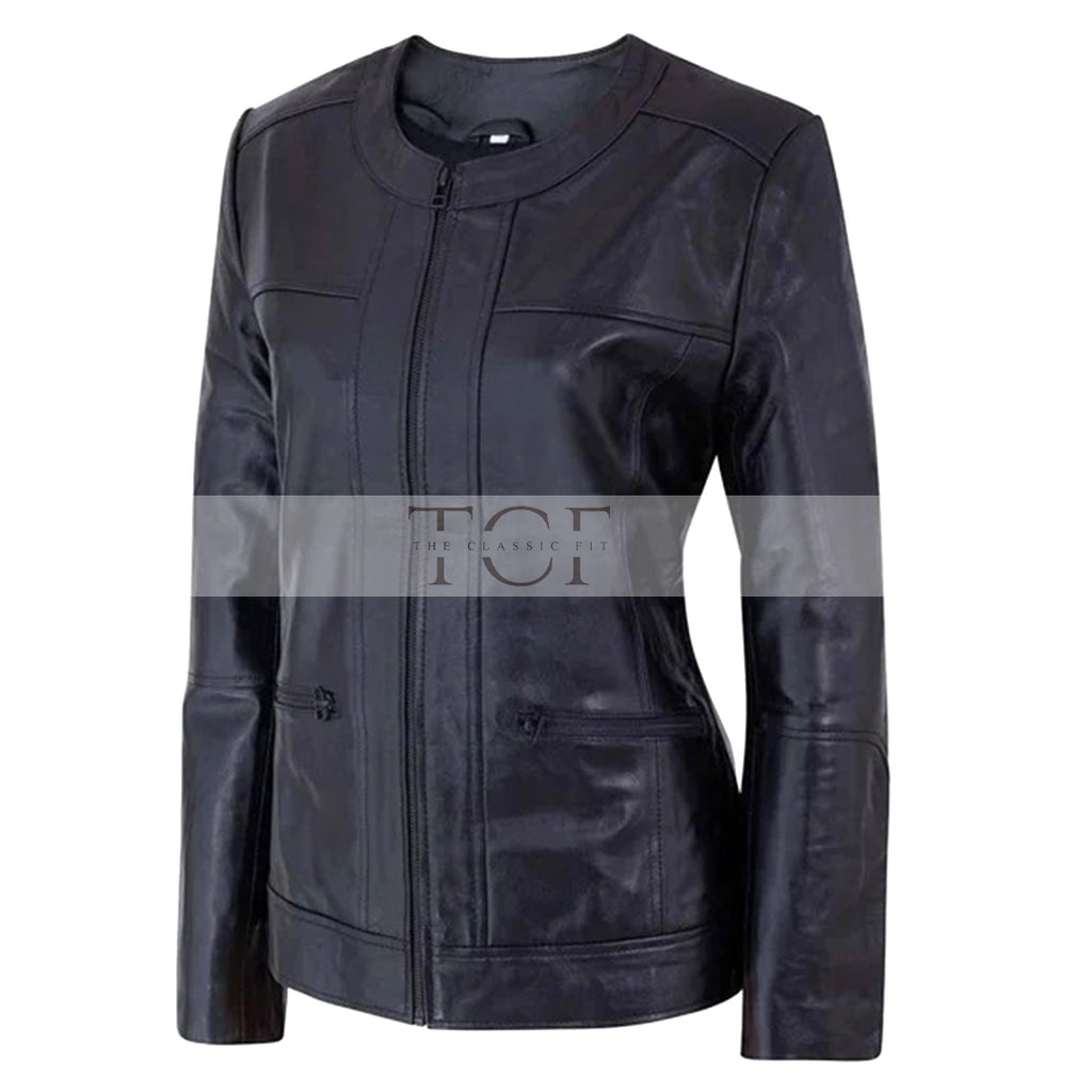 Women's Café Racer Zip-Front Leather Jacket, Collarless Design | Black