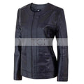 Women's Café Racer Zip-Front Leather Jacket, Collarless Design | Black