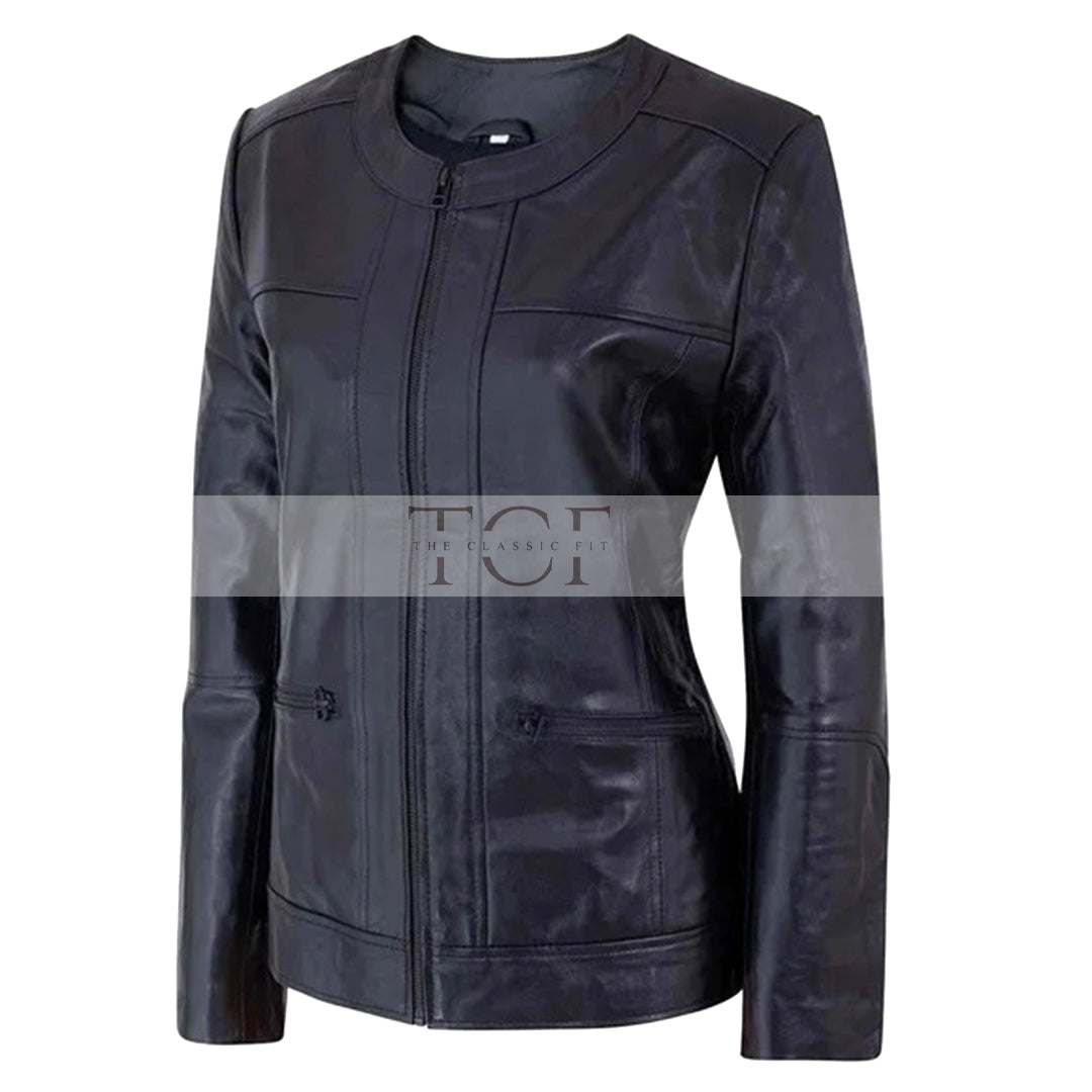 Women's Café Racer Zip-Front Leather Jacket, Collarless Design | Black