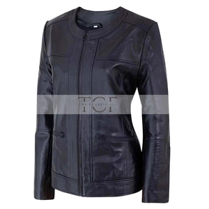 Women's Café Racer Zip-Front Leather Jacket, Collarless Design | Black