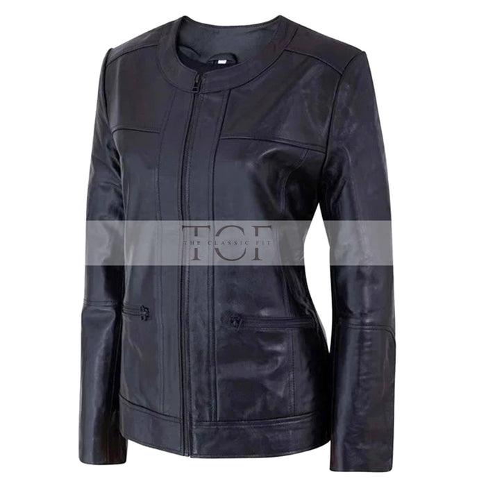 Women's Café Racer Zip-Front Leather Jacket, Collarless Design | Black