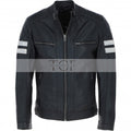 Men's Motorcycle Leather Jacket  Quilted Shoulders, Full Zip | Black & Blue