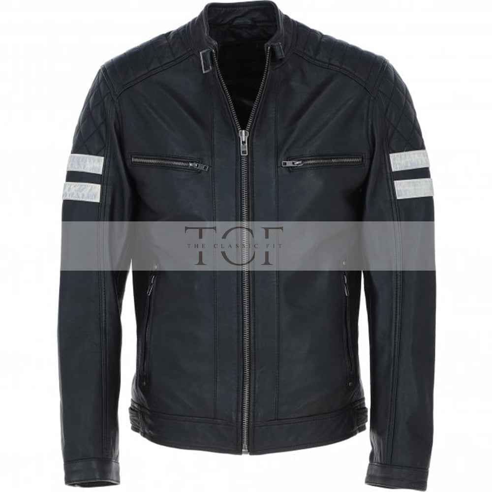 Men's Leather Motorcycle Jacket with Quilted Shoulder & White Stripes | Blue & Black