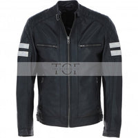 Men's Leather Motorcycle Jacket with Quilted Shoulder & White Stripes | Blue & Black
