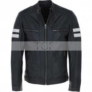Men's Motorcycle Leather Jacket  Quilted Shoulders, Full Zip | Black & Blue