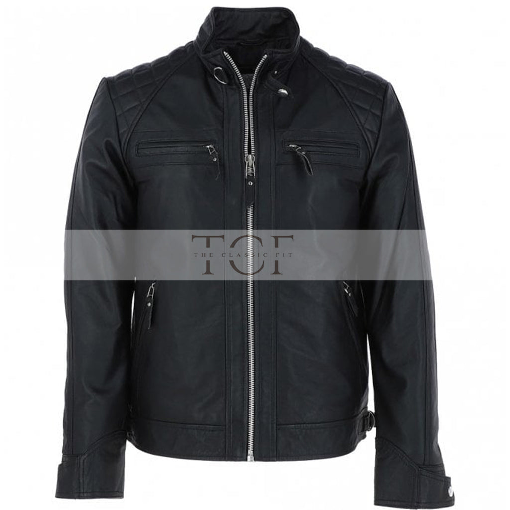 Men's Motorcycle Leather Jacket, Multiple Zippered Pockets | Black