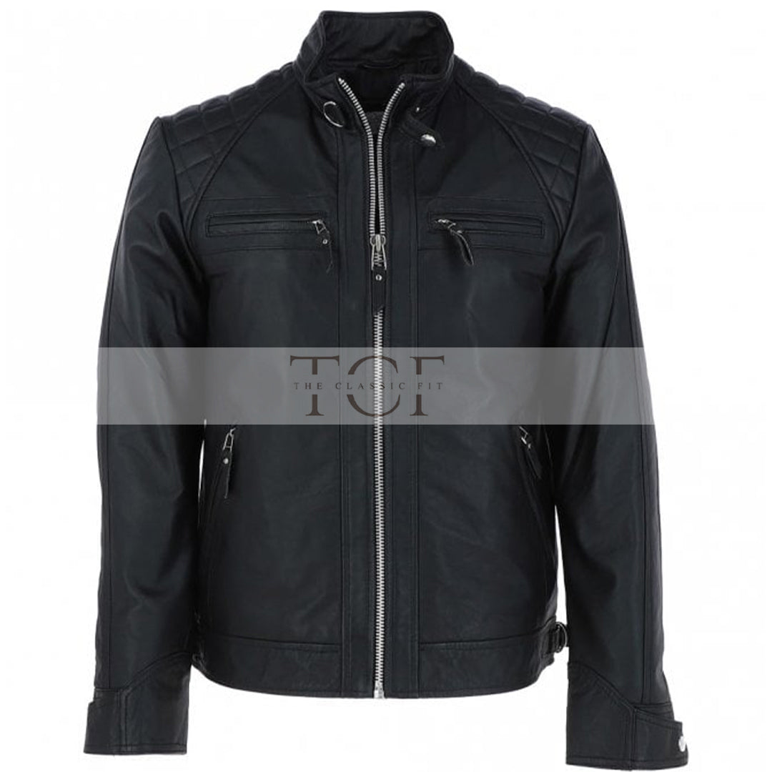 Men's Motorcycle Leather Jacket, Multiple Zippered Pockets | Black