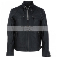 Men's Motorcycle Leather Jacket, Multiple Zippered Pockets | Black